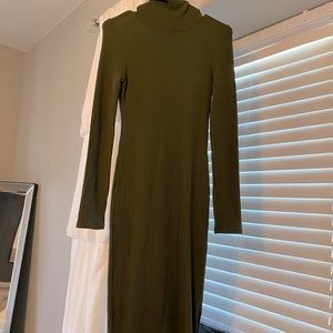 Olive green turtle neck ribbed midi dress